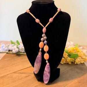 NWT J. Jill Amethyst Drop Necklace Suede Cord Beaded Boho Statement Adjustable